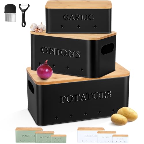 Honeydak 3 Pcs Metal Potato Onion Garlic Storage Bins Set Black
