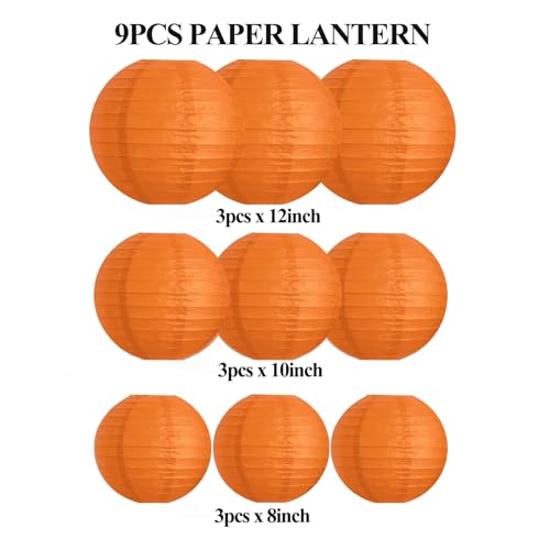 Image of 9pcs Orange Round Paper Lanterns Decorative Hanging Chinese Paper Lanterns Lamps for Birthday Wedding Halloween Baby Bridal Shower Fall Home Decor Party Decoration(Orange)