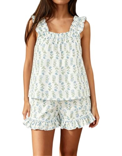 Image of Womens Summer 2 Piece Set Fashion Ruffle Trim Cami and Casual Shorts Set Cotton Pajama Sets