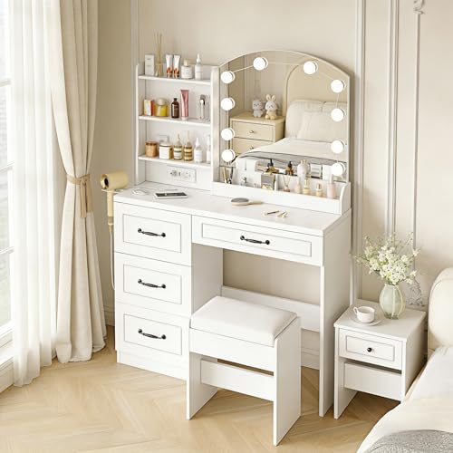 Image of Vabches Vanity Desk with Mirror and Lights,3 Lighting Colors Makeup Dresser