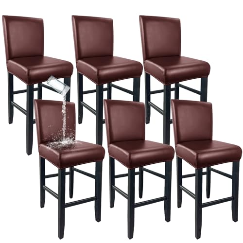 Image of PU Leather Bar Stool Covers with Backs Waterproof Bar Stool Chair Covers | Washable, Wipeable, Thick, Counter Chair Cover, Height Chair Slipcovers, Chair Protector For Pub /Cafe /Dining, Red