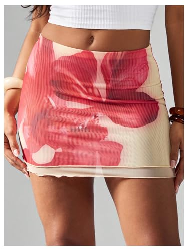 Women's Floral Mini Skirt Y2k Sheer Mesh Layered Lettuce Trim Low Rise Bodycon Skirts3