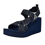 GUESS Dawsin Sandalias de cuña para mujer, Logotipo de diamantes de imitación de mezclilla negro 400, 25