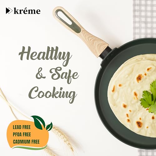 Image of Kreme Venetia Premium Granite Non-Stick 4 Pc Cookware Set | 24cm /2.5L Kadai with Lid 24cm /1.4L Frypan, 28cm Dosa Tawa | Granite Coating | Induction & Gas Stove Use | Healthy Low-Oil Cooking, Green