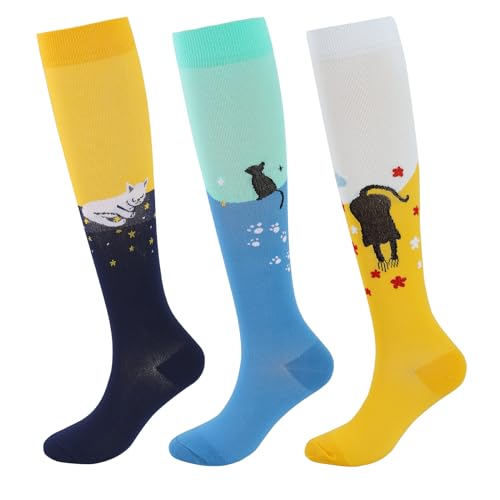 Junely Compression Socks for Women Cat Knee High Stockings for Running Nurses Support Travel Pregnancy Gifts White Blue Yellow