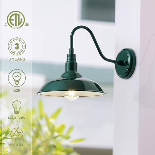 Image of 10in Outdoor Gooseneck Barn Light Wall Mount, Green Exterior Farmhouse Porch Lights with White Interior Small Dome Outdoor Patio Gooseneck Wall Sconce Garage Lighting for House, Cabin