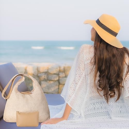 Image of Dansydaisy 8 Pieces Large Tote Bags Bulk, Straw Tote Bag Summer Woven Beach Tote with Pocket Bag, for Women Shopping Bridesmaid Gift Bags