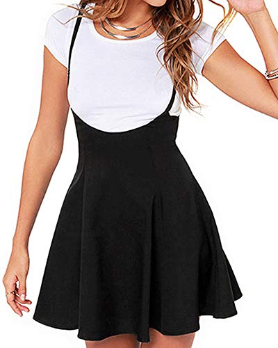 Springcmy Women's Suspender Skirts Basic High Waist Versatile Flared Skater Ruffle Hem Flared Skirt Overall Dress