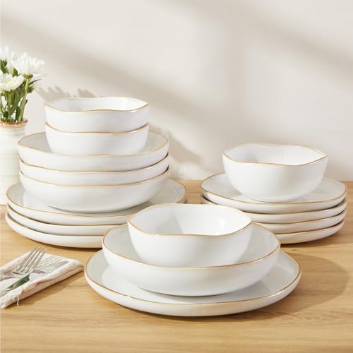 Image of Plates and Bowls Sets, 16 Pieces Dinnerware Set for 4 with Pasta Bowls, Handmade Dishes Set, Chip Resistant Dishware Sets, Microwave Safe Dinner Set, Designed for Interactive Meals, White