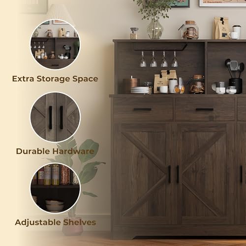 GarveeHome Farmhouse Sideboard Buffet with Microwave Stand, Barn Doors Buffet Storage Cabinet with Drawers and Shelves, Wood Coffee Bar Cabinet for Kitchen, Dining Room, Living Room, Brown