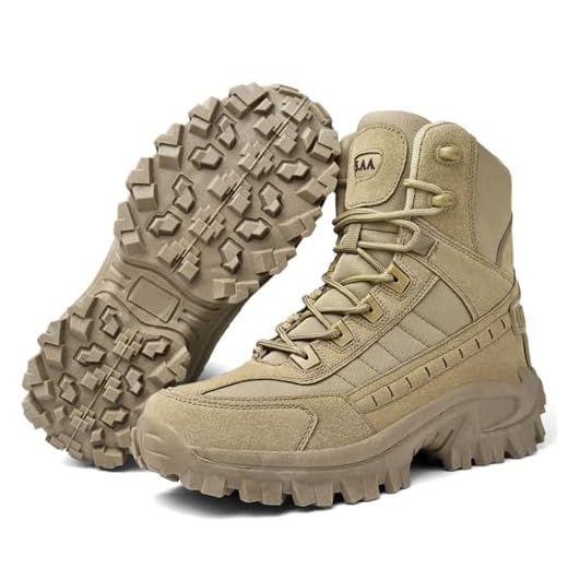 LDZDGD Bottes Tactiques pour Hommes avec Fermeture Éclair Latérale, Bottes de Combat Militaires Imperméables, Bottes de Randonnée et D'extérieur Légères et Confortables(Khaki,43 EU)