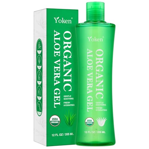 Yoken USDA Certified Organic Aloe Vera Gel 12oz, 99% Pure Aloe Vera Juice, Gel-to-Water Texture, Alcohol Free, No Added Fragrance, Face Body Hair Care, Cooling & Refreshing Summer Skincare