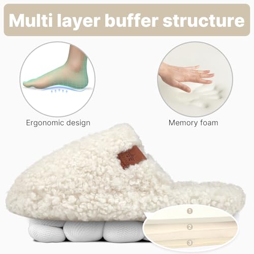 Image of Womens Fuzzy Slippers Wide Width Ladies Arch Support Memory Foam Slippers Warm Comfy faux fur Slip On Indoor House Shoes