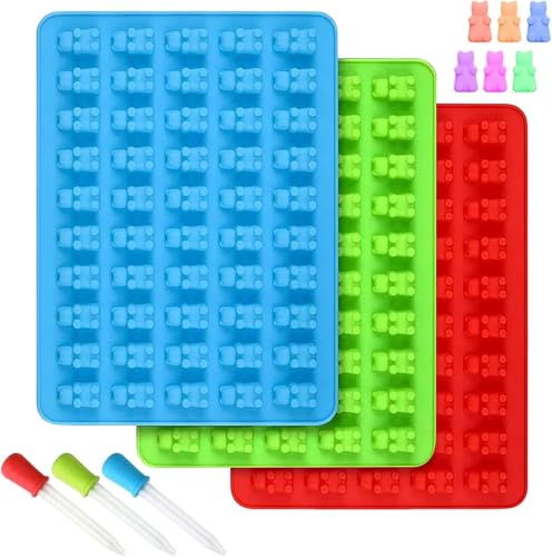 3 Pcs Mini Gummy Bear Moulds, Gummy Bear Silicone Mould with 3 Droppers, Silicone Candy Bear Moulds, Nonstick, Easy to Clean, for Making Bear Shape Candy, Gummy, Chocolate, Jelly(Blue, Green, Red)