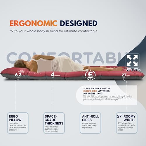 Image of ZOOOBELIVES Camping Sleeping Pad with Built-in Pump & Pillow, 5-Inch Thick, 27-Inch Wide, Ultralight Inflatable Camp Mat with Snap Buttons, Compact for Hiking Backpacking and Travel - Airlite1901