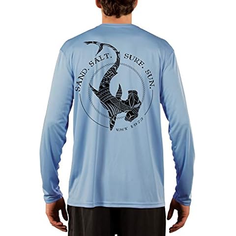 SAND.SALT.SURF.SUN. Polynesian Hammerhead Tribal Men's UPF 50+ UV Sun Protection Performance Long Sleeve T-Shirt Large Columbia Blue Cover
