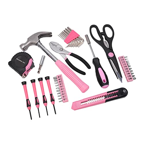 MasYosh Kit de Herramientas para el Hogar de 39 Piezas, Caja de Herramientas de Mano Portátil Rosa con Martillo, Destornillador, Llave, Alicates, Cinta Métrica, para Reparación del