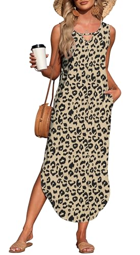 AUSELILY Vestido Verano Mujer Sin Mangas Largo Abertura Informal con Bolsillos Leopardo 2XL
