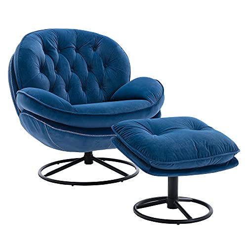 Velvet Cozy Chaise Lounge Indoor, Oversized Swivel Reading Chair with Footrest, Accent Chair with Ottoman Set for Living Room, Bedroom, Reading Room, Home Office, Metal Base Frame