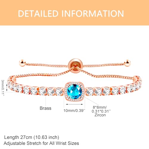 Image of Rose Plated Gold Brass Box Chain Cubic Zirconia Classic Tennis Slider Adjustable Bracelet, Round Big Zircon Charm Give Woman Mom Mother's Day Fashion Crystal Gift