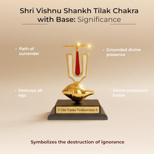 Image of Divine Hindu Shri Vishnu Shankh Tilak Chakra with Base | Lord Vishnu Divine Symbol Showpiece for Home Decor | Shankh Chakra Namam Idol for Office Desk, Car Dashboard & Spiritual Gift