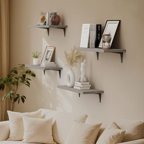Image of SKYSEN Floating Shelves for Wall Set of 6, 15.7in Wood Wall Shelf for Decor, Bathroom, Bedroom, Storage, Book,Kitchen, Living Room - Grey(fs-40-g)