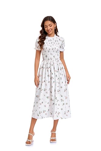 Image of RIHOAS Plaid Gingham Midi Dress Short Sleeve Smocked Dresses for Women | Cotton,Ruffle Puff Sleeves,Vintage Brown,Spring Summer Casual Daily,Picnic,Travel,Vacation,Christmas Festive Occasions