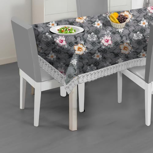 Image of The Furnishing Tree Waterproof PVC Rectangle Shaped 8 Seater Table Cover WxL 60x108 inches Floral Pattern Multi Grey with White Border lace