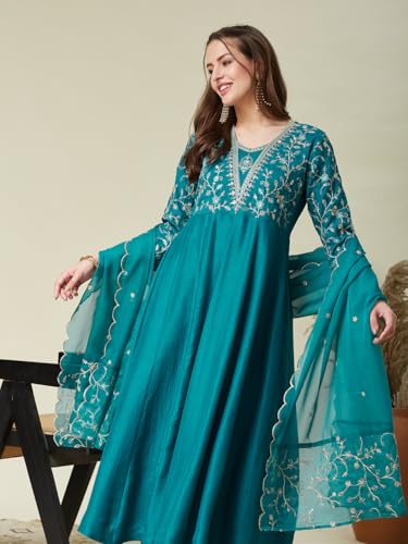 Image of MOKOSH Women's Silk Anarkali Kurta Pant with Dupatta | Anarkali Kurta Set | Embroidered | 3 Piece Outfit | Floral Ethnic Suit 4 Colour Options Available