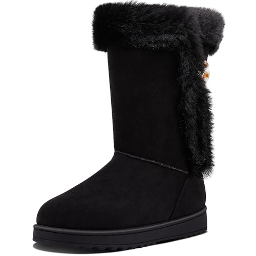 ALTOCIS Women’s Fur Lined Winter Snow Boots Short Mid Calf Fashion Boot Art Resin Button Faux Suede Boots for Women