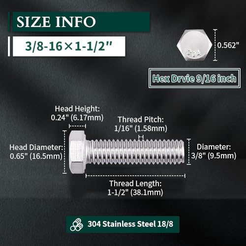 Image of 3 /8-16 x 1-1 /2 inch Hex Head Bolts Screws, 304 Stainless Steel 18-8, Fully Threaded, Hexagon Head Cap Bolts Screws, Coarse Thread UNC, 10 PCS