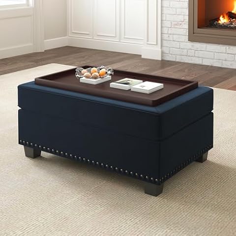 Nolany Storage Tray Ottoman for Sectional Couch, Movable Footrest for Sectional Sofa, Velvet Seat for Living Room, Dark Blue Cover