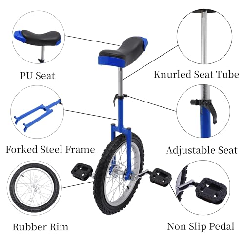 LEYSRIS 16\" Outdoor Wheel Unicycle, Height Adjustable Steel Frame Leakproof Tire Wheel Cycling Exercise Bicycle for Office Workers, Students, Cycling Enthusiasts (Blue)