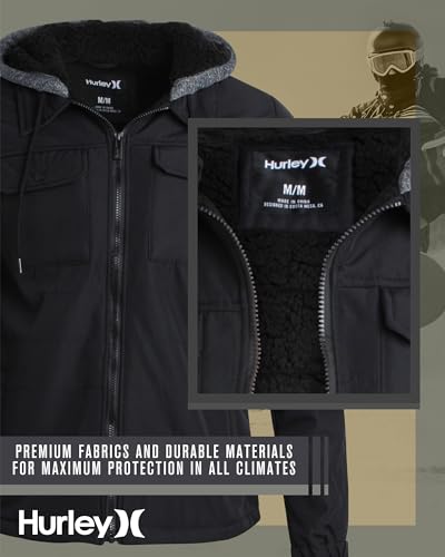 Image of Hurley Men's Voyager Jacket - Warm Insulated Fleece Jacket with Cozy Sherpa Lining - Lightweight Hooded Jacket for Men (S-XL)