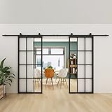 JUBEST Double Barn Door 72 x 84 in with 13FT Top-Mounted Hardware Kit, 2 Sets of 36x84 in Clear Tempered Glass Aluminum Black Frame Barn Door, Easy Assembly