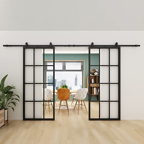 JUBEST Double Barn Door 72 x 84 in with 13FT Top-Mounted Hardware Kit, 2 Sets of 36x84 in Clear Tempered Glass Aluminum Black Frame Barn Door, Easy Assembly