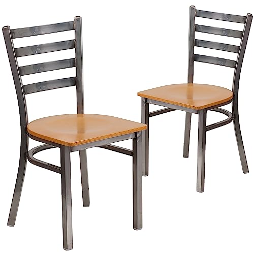 Image of Flash Furniture 2 Pack HERCULES Series Clear Coated Ladder Back Metal Restaurant Chair - Natural Wood Seat
