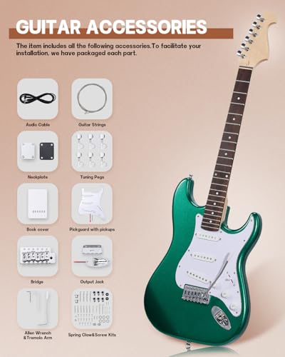 Image of Leo Jaymz DIY ST Style Electric Guitar Kits,Spray-painted Mahogany Body,Laurel Wood Fingerboard and Maple Neck, including all Components (ST-Metallic Green)