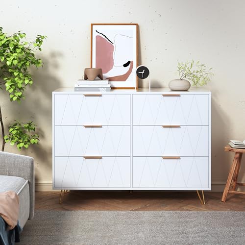 RTYUSWL Cómoda blanca con 6 cajones, cajonera de almacenamiento, aparador con cajones, aparador estrecho, para dormitorio, salón, pasillo, 100 x 34 x 72,5 cm