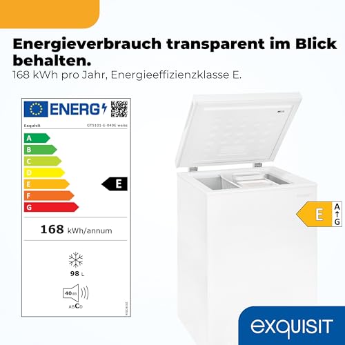 Exquisit Gefriertruhe | 98 l Nutzinhalt, Energieeffizienzklasse E, 40 dB Betrieb | Schnellgefrieren, manuelles Abtauen, Temperaturregelung, digitale Temperaturanzeige Gefrierkorb | GT5101-E-040E weiss