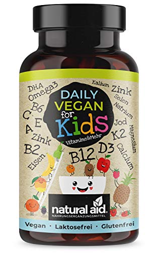 natural aid Daily Vegan for Kids - Vitamine mit B12 + D3 + K2 + Omega3 + B2 + B6 + A + C + E +...