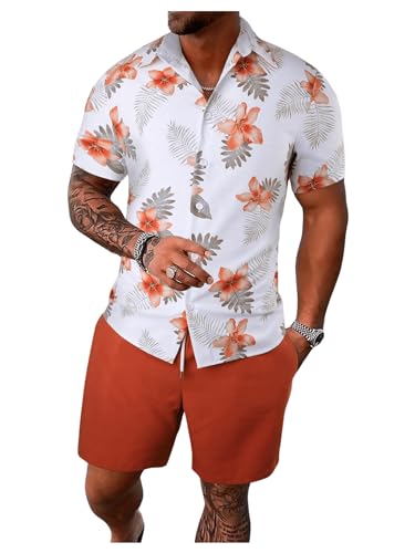 GORGLITTER Men's Hawaiian Matching Set Summer Beach 2 Piece Outfits Flower Button Down Shirts and Shorts Set