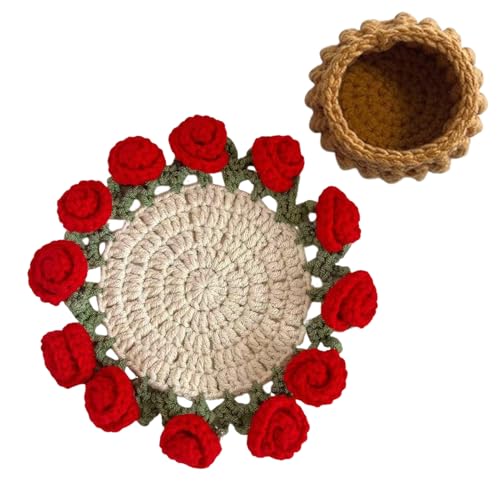 Sottobicchieri Con Fiori Lavorati A Maglia - Set Di Sottobicchieri Decorativi Morbidi Fatti A Mano | Sottopiatti Estetici Vintage Per Casa, Bar, Hotel, Ristorante | Per Compleann