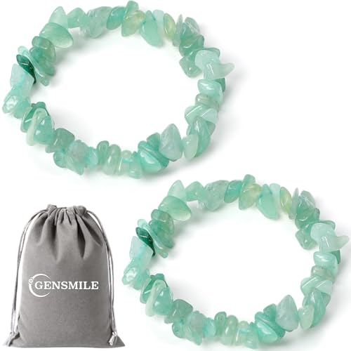 GENSMILE Bracciale in pietra verde – 2 pezzi di perle naturali di cristallo di roccia per donna, in vera pietra naturale, ideale come regalo per ragazze e donne, Pietra