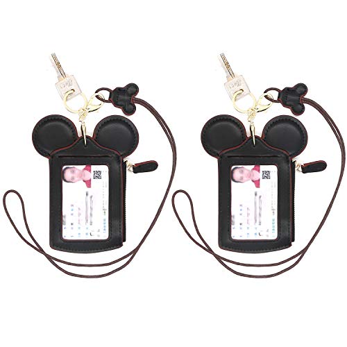ID Holder With Lanyard Badge Holder,PU Leather newchic Cute Animal Shape neck wallet for Women(2Black)