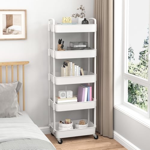 Image of Sywhitta 5-Tier Plastic Rolling Utility Cart with Wheels for Storage,White | Multi-Functional Storage Trolley, for Office, Living Room, Kitchen, Bathroom,Movable Organizer,Space-Saving,Easy to assemble