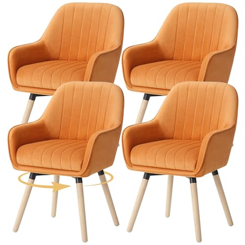ELUCHANG Silla de Comedor Pack 4, 360°Giratoria, 12cm Grosor Sillones con Reposabrazos Altos, Naranja Terciopelo Silla para Cocina, Salón, Dormitorio, Carga Máx.150KG, Patas de Madera