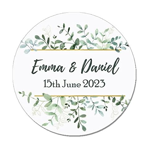 35 x Treasured Forever Personalised Wedding Floral Effect Favour Round Stickers (37mm) (Green & Gold) Cover