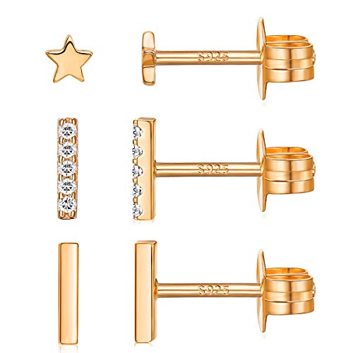 3Pairs Stud Earrings 14K Gold Plated 925 Sterling Silver Dainty Mini Bar Tiny Cartilage Ear Studs for Women