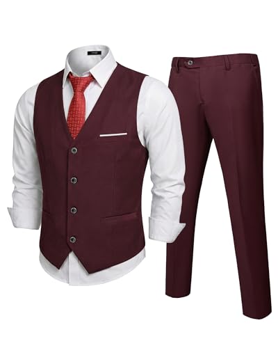 YND Mens 2-Piece Suit Vest Pants Set for Men Classic Waistcoat with Tie for Business Wedding Prom Homecoming Burgundy